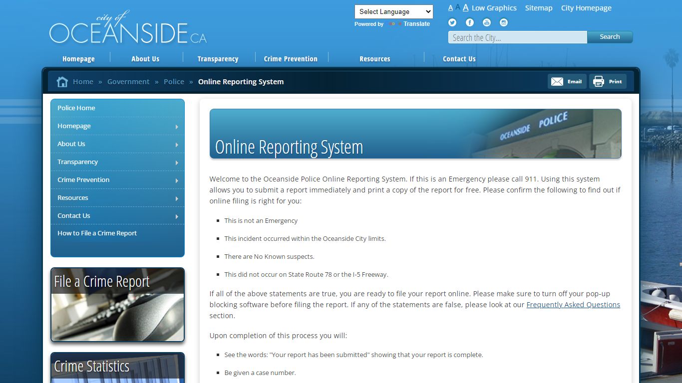 City of Oceanside, California - Online Reporting System